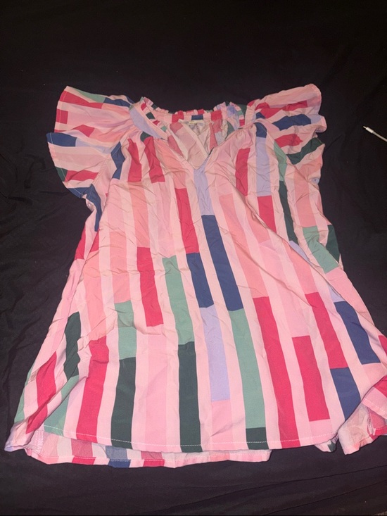 entro Tops - entro Pink Multicolor Striped Flutter Sleeve Tunic